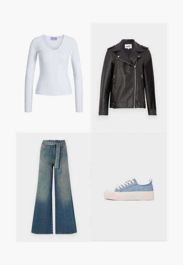 Svart lær motorsykkeljakke med utskjært krage, asymmetrisk glidelås foran og sidelommer. Har sølvfargede detaljer og teksturert finish.; Hvit langermet topp med ribbestruktur og V-hals design. Merkeetikett synlig på innsiden av halsen med merkevarenavnet "JJXX."; Bredde ben jeans med en lyseblå til mørkeblå gradient, høyt liv, beltehemper og et matchende belte i samme stoff. Teksturert denimoverflate.; Lys blå canvastøfler med en kremfarget gummitupp og yttersåle, med hvite snørebånd og en løfteløkke på hælen.