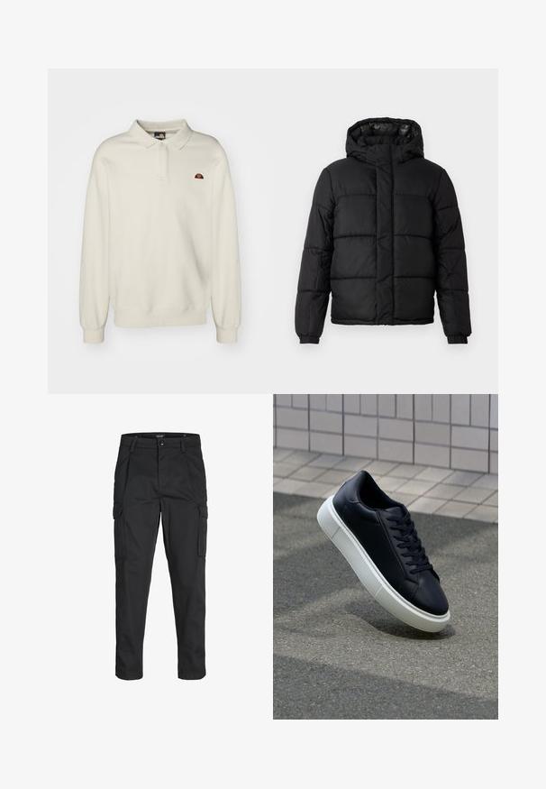 Chaqueta acolchada negra con capucha, que presenta un diseño acolchado, cierre de cremallera y puños elásticos. Material suave y ligero con un acabado brillante.; Camisa polo de manga larga color crema con cuello y puños acanalados, que presenta un pequeño logo multicolor en el lado izquierdo del pecho. Tejido suave y texturizado.; Pantalones cargo negros hechos de tela resistente, que cuentan con múltiples bolsillos, un cierre de botón y un diseño de corte slim con piernas ajustadas.; Zapatilla de cuero negro con punta redonda y suela de goma blanca. Presenta cordones planos y un mínimo de costuras en la parte superior. Suela texturizada para proporcionar agarre.