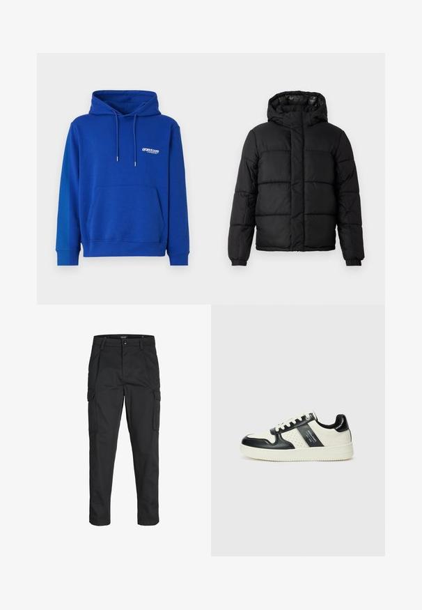 Fekete puffos kabát kapucnival, steppelt dizájnnal, cipzáras záródással és rugalmas mandzsettákkal. Simább, könnyű anyag, fényes felülettel.; Kék kapucnis pulóver kenguruzsebbel, húzózsinórral ellátott kapucnival és bordázott mandzsettákkal. A mellrészen egy kis fehér logó található. Puha textúrájú.; Fekete cargo nadrág, amely tartós anyagból készült, több zsebet tartalmaz, gombos záródással rendelkezik, és karcsú szabású, szűkített lábakkal bír.; Fekete és krém színű bőrsneaker, perforált díszítésekkel, párnázott bokapánttal és texturált talppal.