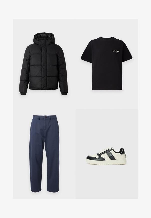 Black puffer jacket with a hood, featuring a quilted design, zip closure, and elastic cuffs. Smooth, lightweight material with a glossy finish.; Black cotton t-shirt featuring a crew neckline, short sleeves, and small white logo text on the left chest. Simple design, classic fit.; GAP ESSENTIAL BAGGY FIT - Trousers - dark blue; Leather sneakers with a black and cream color scheme, featuring perforated accents, a padded collar, and a textured outsole.