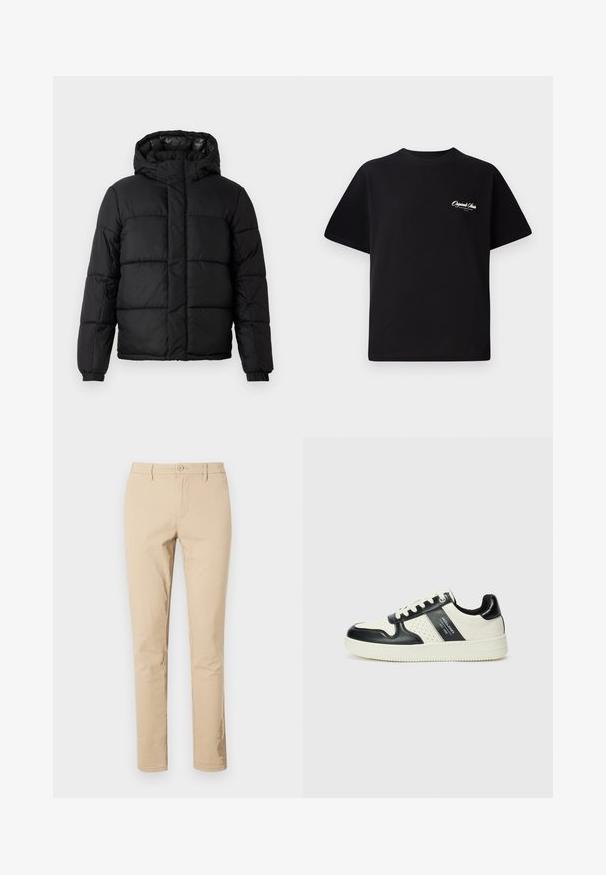 Czarna kurtka puffer z kapturem, z pikowanym wzorem, zapinana na zamek, z elastycznymi mankietami. Gładki, lekki materiał o błyszczącej powierzchni.; Czarny bawełniany t-shirt z okrągłym dekoltem, krótkimi rękawami i małym białym logo na lewej piersi. Prosty design, klasyczny krój.; Beżowe bawełniane spodnie o klasycznym kroju, z zamkiem błyskawicznym i zapięciem na guzik, z pętelkami na pasek oraz czystymi nogawkami. Brak widocznych wzorów lub akcentów.; Skórzane sneakersy w czarno-kremowym schemacie kolorystycznym, z perforowanymi akcentami, wyściełanym kołnierzem i teksturowaną podeszwą.
