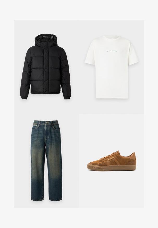 Giubbotto nero a puffo con cappuccio, caratterizzato da un design trapuntato, chiusura con zip e polsini elastici. Materiale liscio e leggero con finitura lucida.; T-shirt bianco in cotone con maniche corte e colletto a girocollo. Il testo centrato recita "BENVENUTO IN PARADISO" in un font verde curvo.; Jeans in denim blu con taglio dritto, caratterizzati da un design sbiadito con tonalità più chiare verso l'orlo, cinque tasche e chiusura con bottone.; Jack & Jones JFWMORDEN - Sneakers basse - cognac