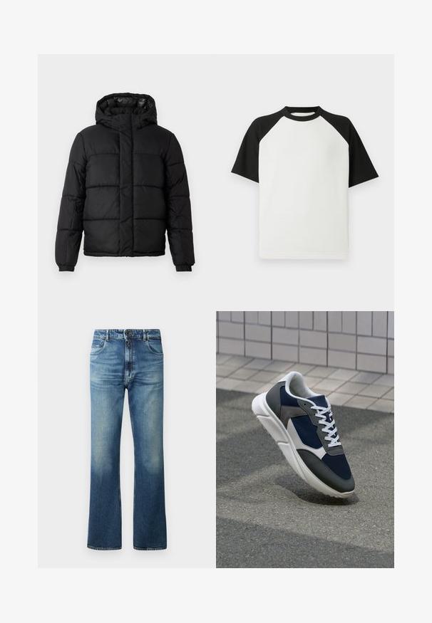 Μαύρο φουσκωτό μπουφάν με κουκούλα, που διαθέτει σχεδίαση με καπιτονέ ραφές, κλείσιμο με φερμούρ και ελαστικές μανσέτες. Λείο, ελαφρύ υλικό με γυαλιστερό φινίρισμα.; Μαύρη και λευκή κοντομάνικη μπλούζα με ριγωτή υφή; διαθέτει ράγκλαν μανίκια και στρογγυλή λαιμόκοψη.; Μπλε τζιν παντελόνι με φαρδύ σχεδιασμό στο πόδι, με ξεθωριασμένο φινίρισμα, πέντε τσέπες και κλείσιμο με κουμπί.; Αθλητικά παπούτσια με επάνω μέρος από ναυτικό μπλε διχτυωτό ύφασμα, γκρι σουέτ λεπτομέρειες, λευκή καουτσούκ σόλα και επίπεδα λευκά κορδόνια, σχεδιασμένα για άνεση και αερισμό.