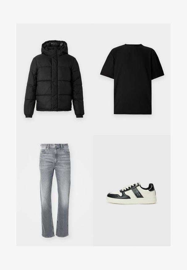 Chaqueta acolchada negra con capucha, que presenta un diseño acolchado, cierre de cremallera y puños elásticos. Material suave y ligero con un acabado brillante.; Camiseta negra de manga corta hecha de tela acanalada. Presenta un cuello redondo y un corte relajado con una textura suave. Vista trasera únicamente.; Vaqueros de mezclilla gris con un corte de pierna recta, que presentan un diseño clásico de cinco bolsillos, pasadores para cinturón y un ligero desgaste para aportar textura.; Zapatillas de cuero con un esquema de colores negro y crema, que cuentan con acentos perforados, un collar acolchado y una suela texturizada.