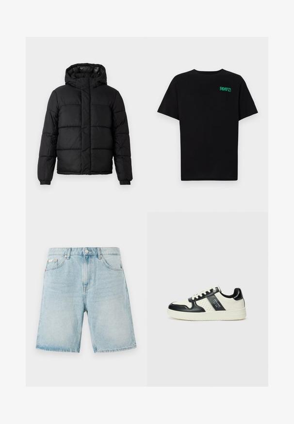Čierna nafúknutá bunda s kapucňou, s prešívaným dizajnom, zipsom a elastickými manžetami. Hladký, ľahký materiál s lesklým povrchom.; Čierne tričko s krátkymi rukávmi vyrobené z bavlny. Na prednej strane má zelené logo "ROOTS", okrúhly výstrih a štandardný strih.; Svetlo modré denimové šortky s voľným strihom, vybavené prednými vreckami, zapínaním na gombík a minimálnym vyblednutím.; Kožené tenisky v čierno-krémovej farbe, s perforovanými akcentmi, polstrovaným golierom a štruktúrovanou podrážkou.