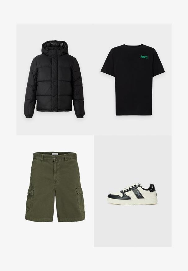 Chaqueta acolchada negra con capucha, que presenta un diseño acolchado, cierre de cremallera y puños elásticos. Material suave y ligero con un acabado brillante.; Camiseta negra de algodón con mangas cortas. Presenta un logo verde "ROOTS" en el frente, escote redondo y corte estándar.; Pantalones cortos cargo de color verde oliva, hechos de algodón, con cremallera, trabillas para cinturón, bolsillos laterales y un diseño de corte recto.; Zapatillas de cuero con un esquema de colores negro y crema, que cuentan con acentos perforados, un collar acolchado y una suela texturizada.