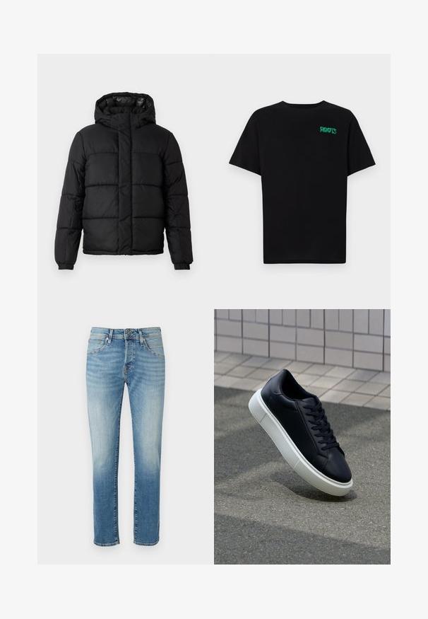 Casaco puffer preto com capuche, apresentando um design acolchoado, fecho com zíper e punhos elásticos. Material suave e leve com um acabamento brilhante.; T-shirt preta feita de algodão com mangas curtas. Apresenta um logótipo verde "ROOTS" na frente, gola redonda e corte standard.; Jeans de ganga azul-claro com secções desgastadas, corte reto, design de cinco bolsos e fecho básico de botão metálico na cintura.; Sapatilha de couro preto com bico arredondado e sola de borracha branca. Apresenta atacadores planos e costuras mínimas na parte superior. Sola texturizada para melhor aderência.