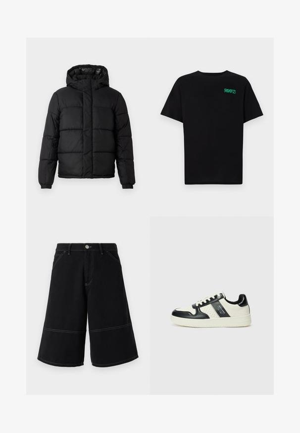 Mustat puffatakki, jossa on huppu, tilkkutöitä muistuttava muotoilu, vetoketjusuljenta ja joustavat hihansuut. Sileä, kevyt materiaali kiiltävällä pinnalla.; Mustat t-paidat, jotka on valmistettu puuvillasta ja joissa on lyhyet hihat. Edessä vihreä "ROOTS"-logo, pyöreä kaula-aukko ja normaali istuvuus.; Mustat farkkushortsit, joissa on leveä lahjesuunnittelu, kontrastiväriset keltaiset tikkaukset ja etutaskut. Kankaan pinta on sileä ja kestävä.; Nahkakengät musta-kerma värimaailmassa, joissa on rei'itetyt yksityiskohdat, pehmustettu nilkkaosa ja teksturoitu pohja.