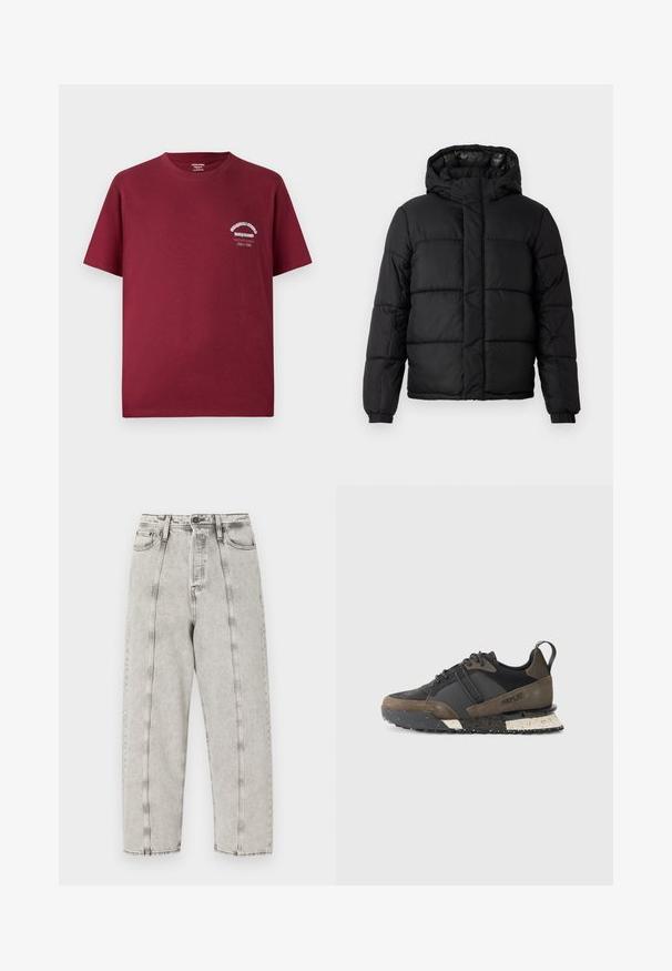 Chaqueta acolchada negra con capucha, que presenta un diseño acolchado, cierre de cremallera y puños elásticos. Material suave y ligero con un acabado brillante.; Camiseta de algodón burdeos con cuello redondo, mangas cortas y un estampado gráfico blanco en el lado izquierdo del pecho. Textura suave y corte casual.; Jeans grises de cintura alta con corte holgado, que presentan un diseño de pierna recta, costuras visibles y una textura desgastada.; Replay FIELD JUPITER CRAFT - Zapatillas - black/dark grey