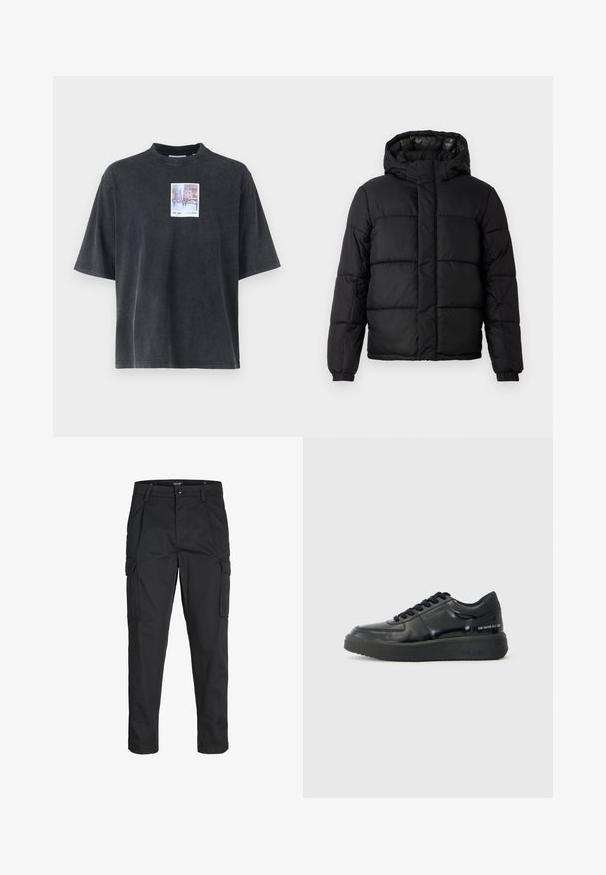 Mustat puffatakki, jossa on huppu, tilkkutöitä muistuttava muotoilu, vetoketjusuljenta ja joustavat hihansuut. Sileä, kevyt materiaali kiiltävällä pinnalla.; Lyhytrakenteinen, ylisuuri musta puuvillateeppari, jossa on neliömäinen grafiikka, joka esittää kaupunkimaisemaa. Teepparissa on pehmeä tekstuuri ja pyöreä kaula-aukko.; Mustat cargo-housut, jotka on valmistettu kestävästä kankaasta. Housuissa on useita taskuja, nappisulku ja kapea istuvuus, jossa on kapenevat lahkeet.; Mustat nahkakengät, joissa on sileä pinta, pyöreä kärki ja kontrastiväri musta kumipohja. Varustettu litteillä nauhoilla ja brändäyksellä sivulla.