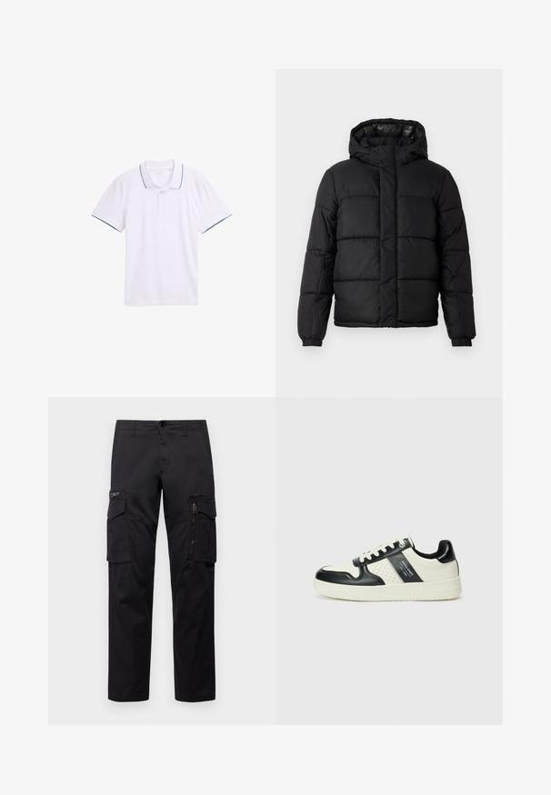 Zwarte pufferjas met capuchon, met een gequilt ontwerp, ritsluiting en elastische manchetten. Glad, lichtgewicht materiaal met een glanzende afwerking.; Witte polo-shirt gemaakt van katoen, met een klassieke kraag, korte mouwen en marineblauwe rand op de kraag en mouwranden.; Zwarte cargobroek met meerdere zakken, een ritszak op de dij, rechte pasvorm en stevige katoen met een subtiele glans.; Leren sneakers met een zwart en crèmekleurig kleurenschema, voorzien van geperforeerde accenten, een gevoerde kraag en een gestructureerde buitenzool.