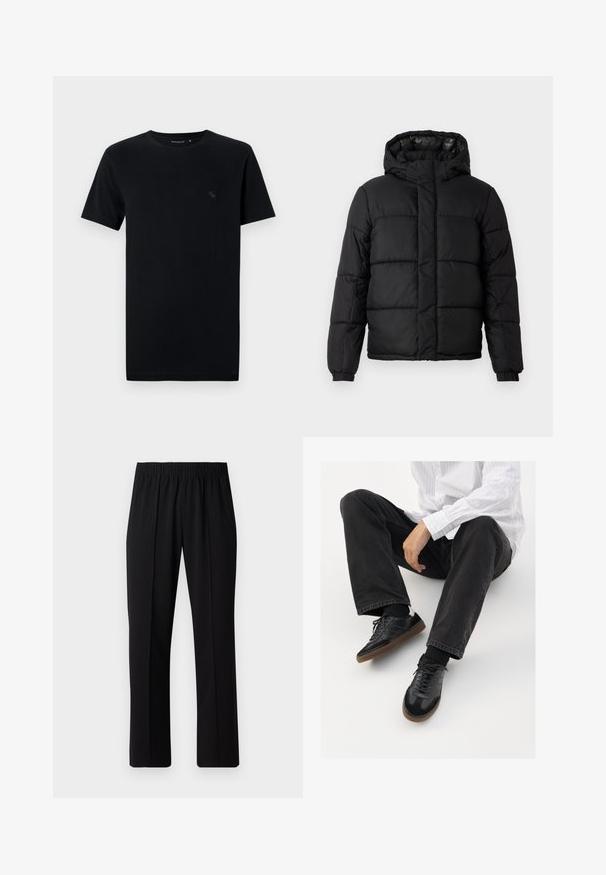 Black puffer jacket with a hood, featuring a quilted design, zip closure, and elastic cuffs. Smooth, lightweight material with a glossy finish.; Black cotton t-shirt with short sleeves, round neck, featuring a small, subtle logo in a matching shade on the left chest area.; Black, elastic-waist trousers with a straight-leg design, featuring a smooth texture and no visible patterns or hardware.; Black sneakers with a smooth and textured upper, featuring a rubber sole and dark laces. Paired with black jeans and a white striped shirt.