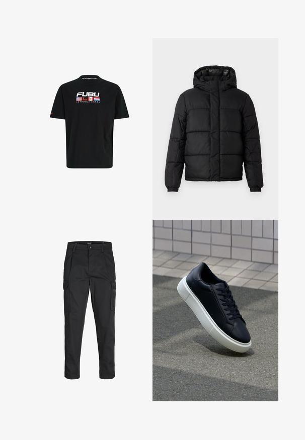 Chaqueta acolchada negra con capucha, que presenta un diseño acolchado, cierre de cremallera y puños elásticos. Material suave y ligero con un acabado brillante.; Camiseta de algodón negra con cuello redondo. Presenta el logo "FUBU" en blanco, rojo y azul, junto con las banderas de EE. UU., Canadá y Japón.; Pantalones cargo negros hechos de tela resistente, que cuentan con múltiples bolsillos, un cierre de botón y un diseño de corte slim con piernas ajustadas.; Zapatilla de cuero negro con punta redonda y suela de goma blanca. Presenta cordones planos y un mínimo de costuras en la parte superior. Suela texturizada para proporcionar agarre.