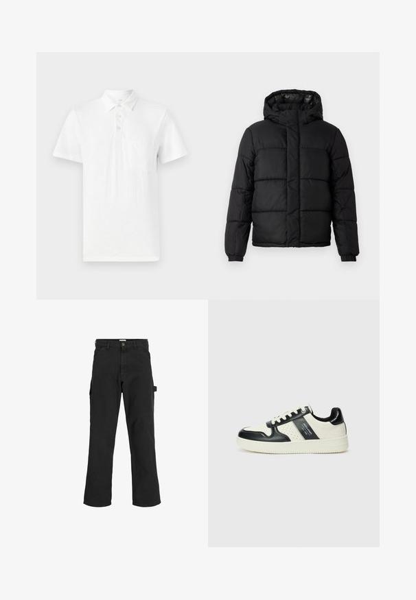 Černá péřová bunda s kapucí, featuring prošitý design, zipové zapínání a elastické manžety. Hladký, lehký materiál s lesklým povrchem.; Bílá polokošile s krátkým rukávem vyrobená z měkké látky. Obsahuje tříknoflíkovou légu a kapsu na hrudi na levé straně.; Černé cargo kalhoty z bavlněné směsi. Mají široké nohavice, přední šikmé kapsy a boční kapsu s poutkem na doplňky.; Kožené tenisky s černobílou barevnou kombinací, které mají perforované detaily, polstrovaný límec a texturovanou podrážku.