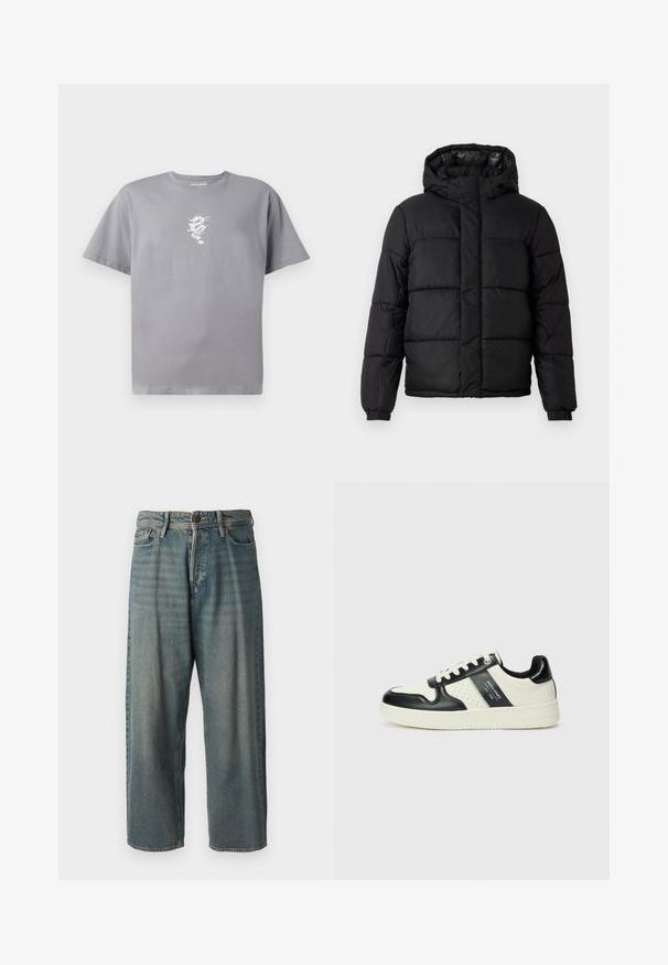 Svart pufferjakke med hette, med quilte-design, glidelåslukking og elastiske mansjetter. Glatt, lett materiale med høyglanset overflate.; Grå bomull t-skjorte med et hvitt dragegrafikk på venstre bryst, korte ermene, og en avslappet passform med rund hals.; Lyseblå denimjeans med løs passform, midjehøyde og rette ben. Har fem lommer, beltehemper og knappelukking.; Lædersneakers med sort og creme farveskema, der har perforerede detaljer, en polstret krave og en struktureret ydersål.