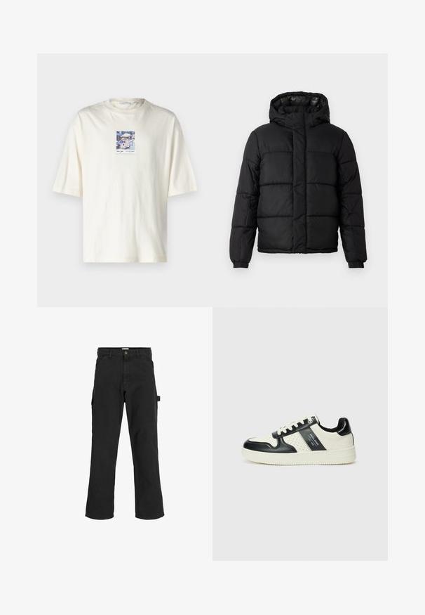 Black puffer jacket with a hood, featuring a quilted design, zip closure, and elastic cuffs. Smooth, lightweight material with a glossy finish.; Short-sleeve cream T-shirt made of cotton, featuring a square graphic of a New York street scene in the center. Standard crew neck design.; Black cargo pants in cotton blend fabric. Features wide legs, front slant pockets, and a side pocket with a loop for accessories.; Leather sneakers with a black and cream color scheme, featuring perforated accents, a padded collar, and a textured outsole.