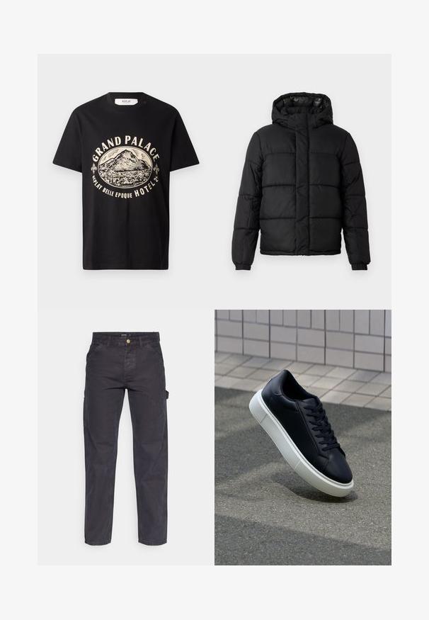 Černá péřová bunda s kapucí, featuring prošitý design, zipové zapínání a elastické manžety. Hladký, lehký materiál s lesklým povrchem.; Černé bavlněné tričko s béžovým grafickým potiskem hory a textem "Grand Palace Replay Belle Epoque Hotel." Jednoduchý design s kulatým výstřihem.; Tmavě šedé cargo kalhoty vyrobené z odolné látky, s rovnými nohavicemi, pěti kapsami a knoflíkovým zapínáním v pase.; Černé kožené tenisky s kulatou špičkou a bílou gumovou podrážkou. mají ploché tkaničky a minimální šití na svršku. Texturovaná podrážka pro lepší přilnavost.