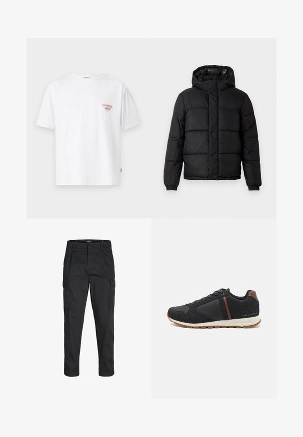 Melnas pūkainās virsjakas ar kapuci, ar izšūtu dizainu, ar rāvējslēdzēja aizdari un elastīgām piedurknēm. Gluda, viegla materiāla ar spīguļojošu apdari.; Balta kokvilnas T-krekls ar īsām piedurknēm un apaļu kaklu, ar mazu sarkanu grafiku uz kreisā krūtis.; Melnas kravas bikses, izgatavotas no izturīga auduma, ar vairākiem kabatām, pogu aizdari un šaura piegriezuma dizainu ar sašaurinātiem kāju apakšiem.; Melnas sporta kurpes ar gludu un teksturētu materiālu apvienojumu, brūniem akcentiem un baltu mērdējo daļu. Iezīmējas ar auklu dizainu un gumijas ārējo zoli.