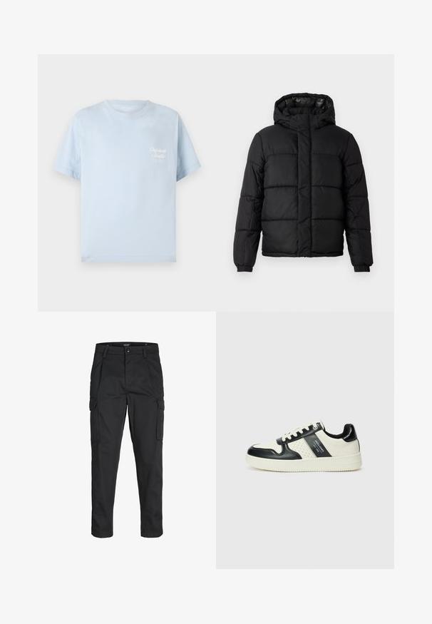 Černá péřová bunda s kapucí, featuring prošitý design, zipové zapínání a elastické manžety. Hladký, lehký materiál s lesklým povrchem.; Světle modré tričko vyrobené z bavlny, s kulatým výstřihem, krátkými rukávy a malým bílým logem na hrudi, s hladkou texturou.; Černé cargo kalhoty vyrobené z odolné tkaniny, s mnoha kapsami, knoflíkovým zapínáním a slim fit střihem se zúženými nohavicemi.; Kožené tenisky s černobílou barevnou kombinací, které mají perforované detaily, polstrovaný límec a texturovanou podrážku.