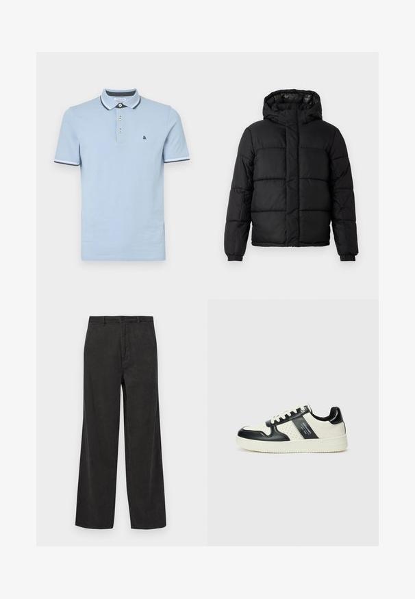 Melnas pūkainās virsjakas ar kapuci, ar izšūtu dizainu, ar rāvējslēdzēja aizdari un elastīgām piedurknēm. Gluda, viegla materiāla ar spīguļojošu apdari.; Gaiši zila kokvilnas polo krekls ar trīs pogām, kontrastējošu apkakli un ribotām rokām ar tumši ziliem akcentiem.; Melni korduroja bikses ar plaša kāju dizainu, vertikālā ribu tekstūra, ar rāvējslēdzēju un pogu aizdari, kā arī priekšējām kabatām.; Ādas sporta apavi ar melnbaltu krāsu shēmu, ar perforētiem akcentiem, mīkstinātu apkakli un teksturētu zoli.