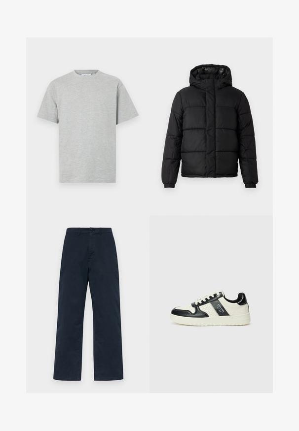 Melnas pūkainās virsjakas ar kapuci, ar izšūtu dizainu, ar rāvējslēdzēja aizdari un elastīgām piedurknēm. Gluda, viegla materiāla ar spīguļojošu apdari.; Pelēks kokvilnas T-krekls ar apaļu kakla izgriezumu, īsām piedurknēm un brīvu piegriezumu. Gluda tekstūra bez redzamām rakstu vai akcentu detaļām.; Tums zila kokvilnas bikses ar taisnu kāju dizainu, ar priekšējo pogu aizdari un jostas cilpām. Vienkārša, viendabīga tekstūra bez rakstiem.; Ādas sporta apavi ar melnbaltu krāsu shēmu, ar perforētiem akcentiem, mīkstinātu apkakli un teksturētu zoli.