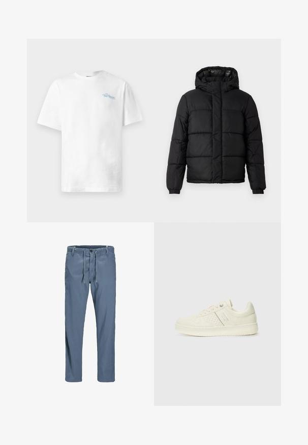 Crna puf jakna s kapuljačom, s prešanim dizajnom, zatvaranjem na zip i elastičnim manžetama. Glatki, lagani materijal s sjajnim završetkom.; Bjela pamučna majica s okruglim izrezom, kratkim rukavima i svijetloplavim natpisom "THE REGAL" na lijevoj strani prsnog dijela.; Plave, lagane, pamučne hlače s pojasom na vezanje, kopčanjem na dugme i bočnim džepovima. Dizajn ravnog kroja bez vidljivih uzoraka.; Kremasto bijele tenisice s perforiranim detaljima, vezicama i logotipom s bočne strane, prikazane na jednostavnoj bijeloj pozadini.