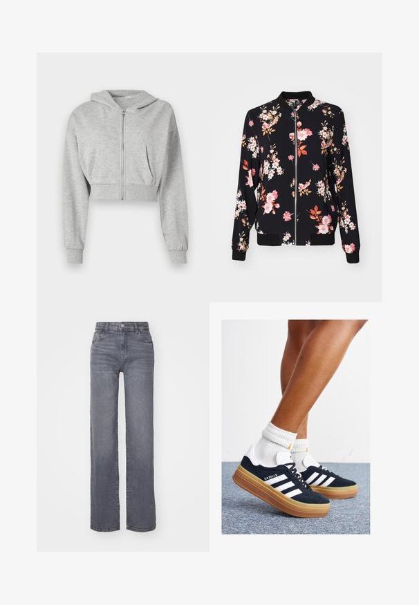 Chaqueta bomber de tejido negro con estampado floral que presenta flores en tonos rosa, blanco y naranja; puños, cuello y cinturilla acanalados; cierre frontal con cremallera.; Sudadera gris corta hecha de tela suave, con cremallera frontal, mangas largas y dos bolsillos frontales. Textura suave, capucha ajustable.; Conjunto de tres camisetas de manga corta en negro, gris y blanco. Están hechas de algodón, cuentan con cuello redondo y un diseño simple de un solo color.; Vaqueros anchos grises hechos de denim con una textura suave, que cuentan con un cierre de botón y cremallera, y cinco bolsillos.; Zapatillas deportivas de gamuza negra con rayas y detalles blancos, puntera redondeada, suela de goma color caramelo, combinadas con calcetines blancos acanalados a la altura del tobillo.