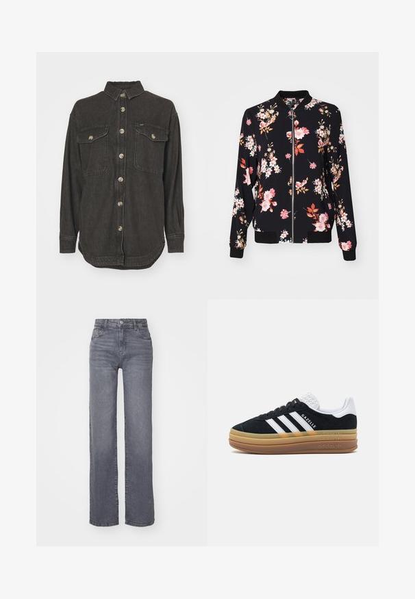Veste bomber en tissu noir avec motif floral présentant des fleurs roses, blanches et oranges ; poignets, col et taille côtelés ; fermeture éclair à l'avant.; Lee WORKING WEST OVERSHIRT - Chemisier - interstellar cloud; Jean large gris en denim avec une texture lisse, doté d'une fermeture à bouton et à glissière, et de cinq poches.; Baskets en suède noir avec des accents blancs et trois bandes, dotées d'un talon texturé blanc, d'une semelle en caoutchouc et de la marque "Gazelle".