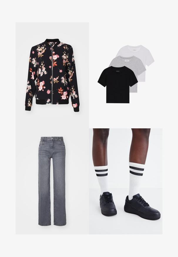Bomber jakna od crne tkanine s cvjetnim uzorkom koji uključuje ružičaste, bijele i narančaste cvjetove; rebrasti rubovi na rukavima, ovratniku i struku; prednje zatvaranje na patentni zatvarač.; Set od tri majice kratkih rukava u crnoj, sivoj i bijeloj boji. Izrađene od pamuka, s okruglim izrezom i jednostavnim, jednobojnim dizajnom.; Sive široke traperice izrađene od denima s glatkom teksturom, s kopčanjem na dugme i zatvaračem, te pet džepova.; Crne kožne tenisice s teksturiranim završetkom, uparene s bijelim rebrastim čarapama koje imaju crne pruge pri vrhu.