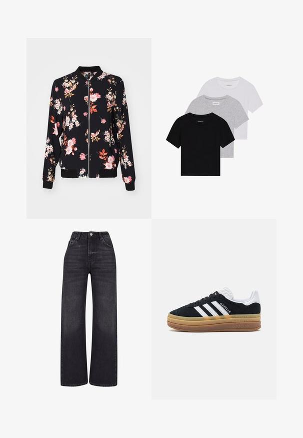Bomber jakna od crne tkanine s cvjetnim uzorkom koji uključuje ružičaste, bijele i narančaste cvjetove; rebrasti rubovi na rukavima, ovratniku i struku; prednje zatvaranje na patentni zatvarač.; Set od tri majice kratkih rukava u crnoj, sivoj i bijeloj boji. Izrađene od pamuka, s okruglim izrezom i jednostavnim, jednobojnim dizajnom.; 2Y Studios NAYA BASIC LIGHT - Široke nogavice - washed black; Crne nubuk tenisice s bijelim detaljima i tri pruge, koje imaju teksturiranu bijelu petu, gumeni potplat i "Gazelle" oznaku.