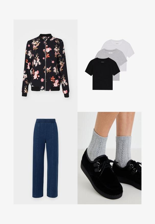 Bomber jacket in black fabric with floral pattern featuring pink, white, and orange flowers; ribbed cuffs, collar, and waistband; front zip closure.; Set of three short-sleeve t-shirts in black, gray, and white. Made from cotton, featuring a crew neck and a simple, solid color design.; GAP FRONT SEAM WIDE LEG  - Trousers - medium indigo; Black velvet shoes with flat soles, round toe, and double eyelets. Worn with gray cable-knit socks. Smooth texture and simple design.