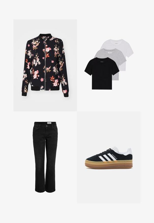 Casaco bomber em tecido preto com padrão floral apresentando flores cor-de-rosa, brancas e laranjas; punhos, gola e bainha em ribana; fecho frontal com zíper.; Conjunto de três t-shirts de manga curta nas cores preto, cinza e branco. Feitas em algodão, com gola redonda e um design simples, em cores sólidas.; Jeans de denim preto com um formato fluido, design de cinco bolsos e fecho com botão. Apresenta detalhes de costura subtil e uma cintura clássica.; Sapatilha de camurça preta com detalhes brancos e três riscas, apresentando um calcanhar branco texturizado, sola de borracha e a marca "Gazelle".