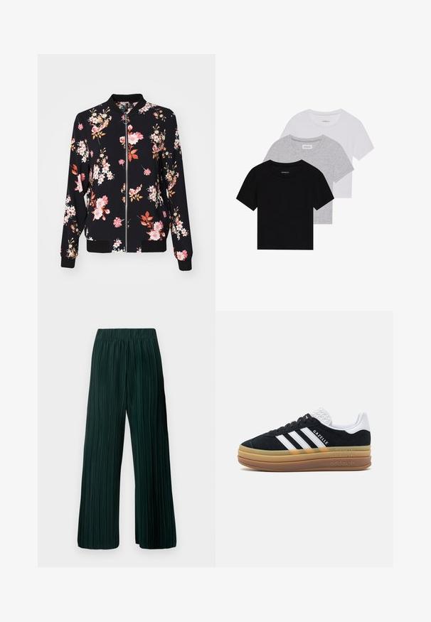 Bomber jacket in black fabric with floral pattern featuring pink, white, and orange flowers; ribbed cuffs, collar, and waistband; front zip closure.; Set of three short-sleeve t-shirts in black, gray, and white. Made from cotton, featuring a crew neck and a simple, solid color design.; Pleated wide-leg trousers in dark green. Made from a soft fabric with a textured design and an elasticated waistband for comfort.; Black suede sneaker with white accents and three stripes, featuring a textured white heel, rubber sole, and "Gazelle" branding.