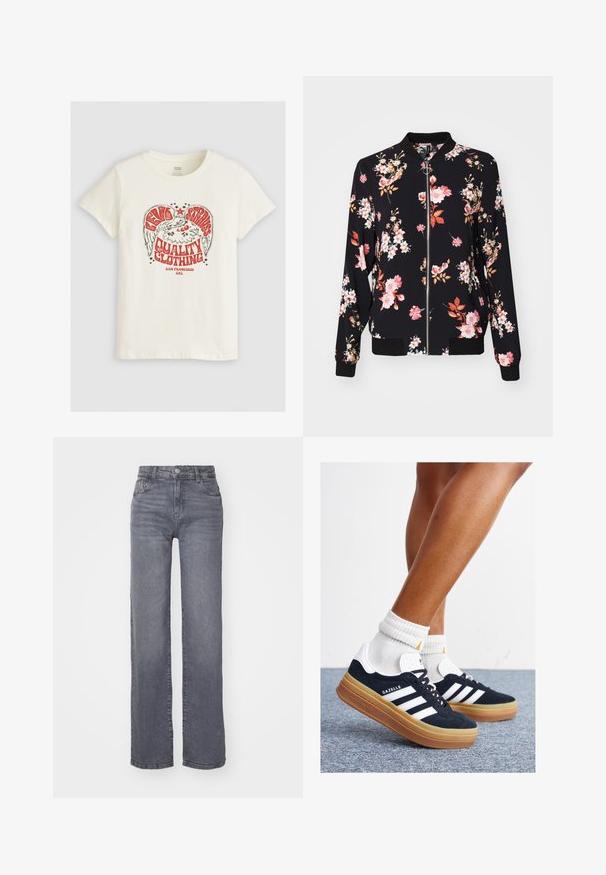 Bomberjakke i sort stof med blomstermønster, der har pink, hvide og orange blomster; ribbede manchetter, krave og liv. Foran lynlåslukning.; Levi's® THE PERFECT TEE - T-shirts print - eagle sugar swizzle; Grå brede benjeans lavet af denim med en glat tekstur, med en knap- og lynlåslukning og fem lommer.; Sorte sneakers i ruskind med hvide striber og detaljer, rundet tå, ydersål i gummi, kombineret med hvide ribstrikkede crew sokker.