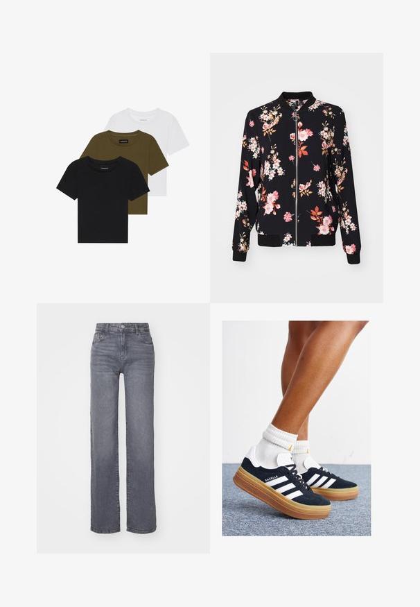Jachetă bomber din material negru cu un model floral ce include flori roz, albe și portocalii; mânecile, gulerul și talia sunt împăturite; închidere cu fermoar pe față.; Trei cămăși cu guler rotund, de culoare neagră, verde măslin și albă. Mâneci scurte, guler ribflat și un design ajustat.; Jeans griși cu picioare largi, fabricate din denim cu o textură netedă, având un închidere cu nasture și fermoar și cinci buzunare.; Adidași negri din piele întoarsă cu dungi și accente albe, vârf rotund, talpă de cauciuc gumă, asortați cu șosete albe cu model nervurat.