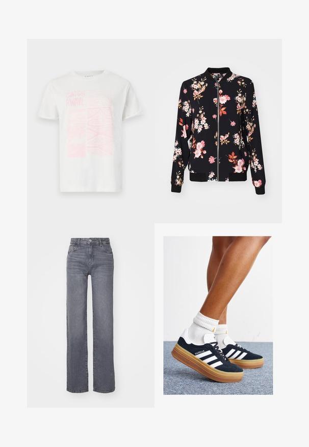 Bomberjacka i svart tyg med blommönster som har rosa, vita och orangea blommor; ribbade ärmslut, krage och midja; dragkedja fram.; Vit bomulls T-shirt med en rosa grafisk tryck som visar texten "CATCH A WAVE" och abstrakta mönster på framsidan. Kortsleeves, rund hals.; Grå vida jeans i denim med en slät yta, med knäppning och dragkedja, samt fem fickor.; Svarta sneakers i mocka med vita ränder och detaljer, rundad tå, yttersula i gummiblandning, kombinerade med vita ribbade crew-strumpor.