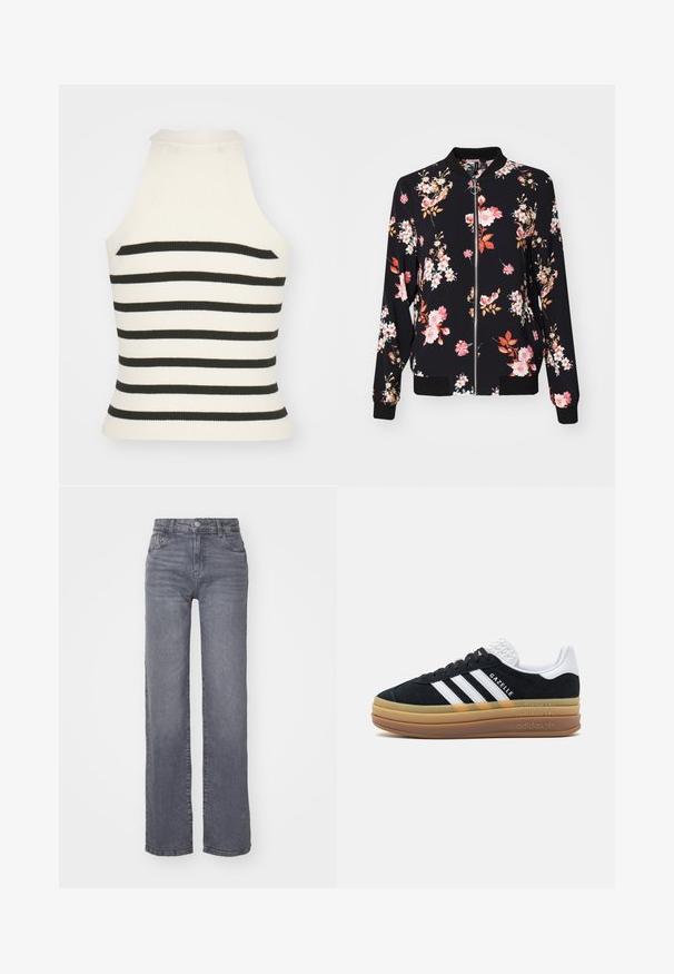 Bomberjack in zwarte stof met een bloemmotief waarin roze, witte en oranje bloemen zijn weergegeven; geribbelde manchetten, kraag en tailleband; voor sluiting met rits.; Geribbelde haltertop in crèmekleur met zwarte strepen. Heeft een getailleerd ontwerp met een hoge halslijn en mouwloze snit. Textuurstof.; Grijze wijde spijkerbroek van denim met een gladde textuur, voorzien van een knoop- en ritsluiting en vijf zakken.; Zwarte suède sneakers met witte accenten en drie stripes, voorzien van een gestructureerde witte hiel, rubberen zool en 'Gazelle' branding.