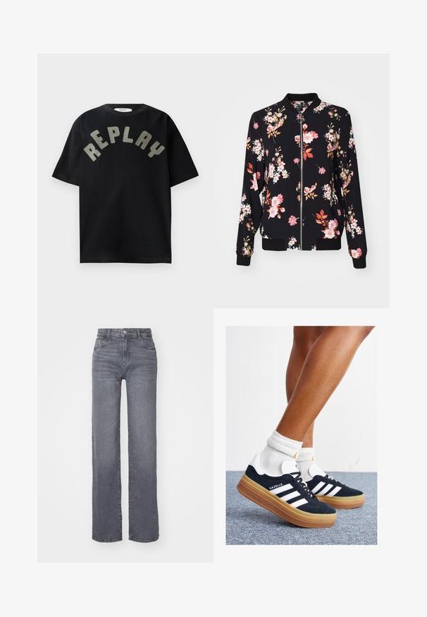 Casaco bomber em tecido preto com padrão floral apresentando flores cor-de-rosa, brancas e laranjas; punhos, gola e bainha em ribana; fecho frontal com zíper.; T-shirt preta de algodão com um gráfico grande e curvado em cinza claro "REPLAY" na frente, mangas curtas e decote redondo.; Jeans largos cinzentos feitos de denim com uma textura suave, apresentando um fecho de botão e zipper, e cinco bolsos.; Ténis de camurça preta com riscas e detalhes brancos, biqueira arredondada, sola em borracha cor de goma, combinados com meias brancas caneladas até à altura do tornozelo.