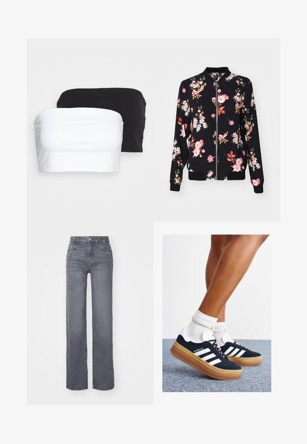 Bomber jacket in black fabric with floral pattern featuring pink, white, and orange flowers; ribbed cuffs, collar, and waistband; front zip closure.; Two strapless crop tops in black and white, made from stretchy cotton fabric. Smooth texture with a simple design and no visible seams.; Grey wide-leg jeans made from denim with a smooth texture, featuring a button and zipper closure, and five pockets.; Black suede sneakers with white stripes and accents, rounded toe, gum rubber outsole, paired with white ribbed crew socks.