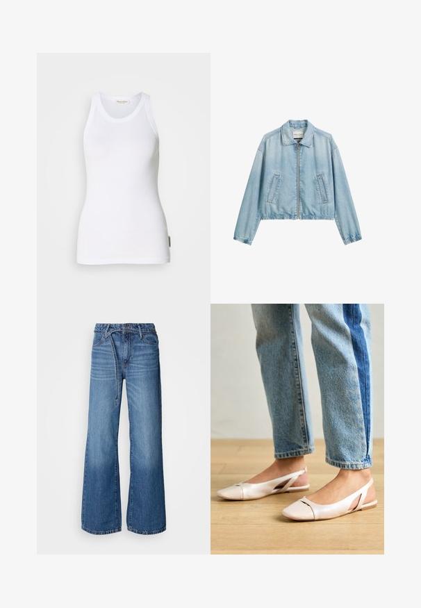 Giacca in denim blu chiaro con chiusura a zip frontale, colletto rialzato e due tasche frontali. Il tessuto appare morbido e leggermente vissuto.; Canottiera bianca in cotone senza maniche con scollatura a barca, lati senza cuciture e una piccola etichetta con logo sul lato sinistro in basso. Texture liscia.; Jeans a gamba larga di colore azzurro chiaro realizzati in denim. Presentano un alta vita, cuciture a vista e una cinta con nodo. Texture sbiadita verso il fondo.; Ballerine slingback rosa pallido con punta affusolata, realizzate in un materiale simile alla pelle liscio. Presentano dettagli a taglio sui lati e un tacco piatto.