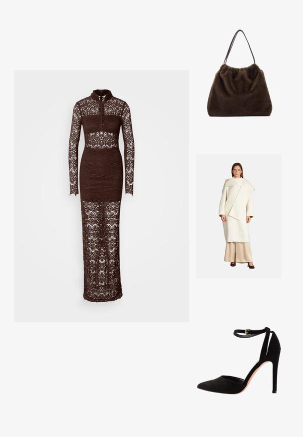 Bílý vlněný kabát s asymetrickým designem, širokými rukávy a velkým límcem. V kombinaci s béžovými saténovými kalhotami a tmavými podpatky.; Hnědé krajkové šaty s dlouhým rukávem a vysokým límcem, přiléhavého střihu s komplexními květinovými vzory na látce, s průsvitným designem.; Černé semišové lodičky na vysokém podpatku s špičatou špičkou, kotníkovým páskem a jehlovým podpatkem. Design se vyznačuje hladkou texturou s minimem detailů.; Hnědá kožená taška s jemnou texturou, staženým vrškem a dvěma tenkými ramenními popruhy. Design má zaoblený tvar a žádné viditelné kovové prvky.