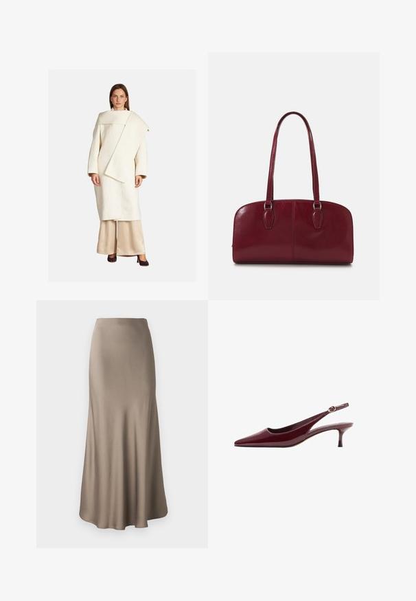 Witte wollen jas met een asymmetrisch ontwerp, brede mouwen en een grote kraag. Gecombineerd met beige satijnen broek en donkere hakken.; Gestreept overhemd in bruin en wit, met lange mouwen, een puntige kraag en een afgeronde zoom. Gestructureerde stof met verticale strepen.; Lange bruine satijnen rok met een gladde textuur, met een vloeiende silhouet en een iets uitlopende zoom. Geen zichtbare hardware of patronen.; Bordeaux gepatineerd leren slingback hak met een spitse neus en een dunne, elegante hak, met een goudkleurige gespdetail op de band.; Zign LEATHER - Handtas - dark red