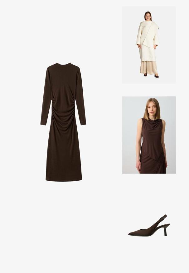 Manteau en laine blanche avec un design asymétrique, des manches larges et un grand col. Associé à un pantalon en satin beige et des talons foncés.; Robe sans manches marron avec un décolleté drapé et un design asymétrique, ornée de dentelle le long du bord inférieur. Texture de tissu lisse.; Robe brune à manches longues en tissu doux, dotée d'un design froncé sur le côté. La robe a un col montant et une silhouette ajustée.; Escarpin slingback en daim marron avec un bout pointu, un design épuré, un talon fin et un accent de boucle sur la bride de cheville.