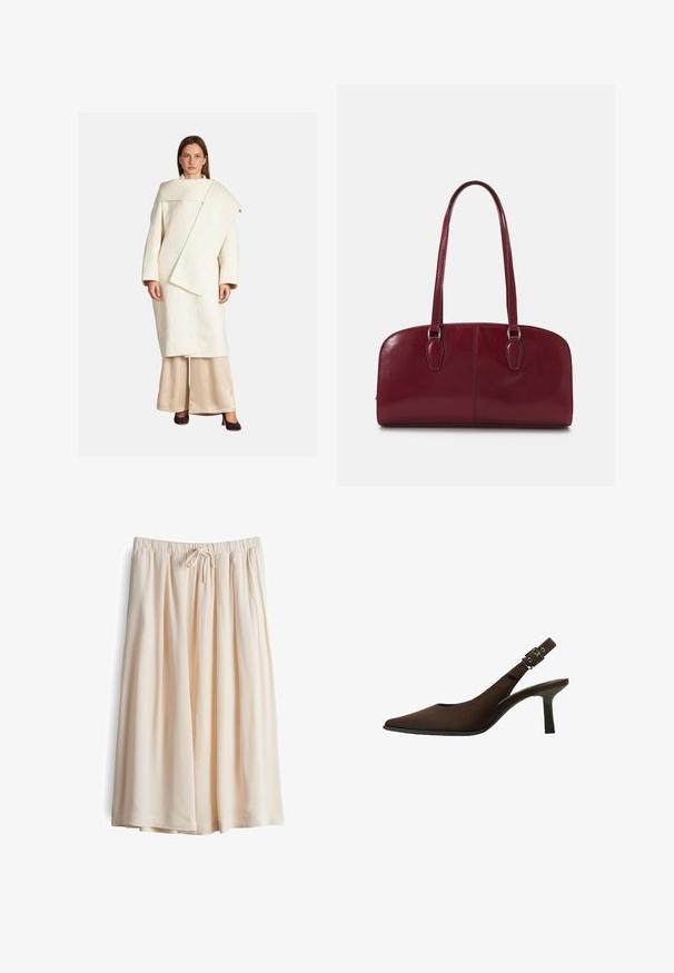 Cappotto di lana bianco con un design asimmetrico, maniche larghe e un grande colletto. Abbinato a pantaloni in satin beige e tacchi scuri.; Body a maniche lunghe in tessuto marrone scuro, con design drappeggiato sul retro, texture liscia e taglio a tanga alla base.; Gonna midi beige chiaro con un fit rilassato, realizzata in tessuto morbido. Presenta una vita elasticizzata e pieghe frontali per una maggiore ampiezza.; Décolleté in suede marrone con punta affusolata, design elegante, tacco sottile e dettaglio con fibbia sul cinturino alla caviglia.; Zign LEATHER - Borsa a mano - dark red