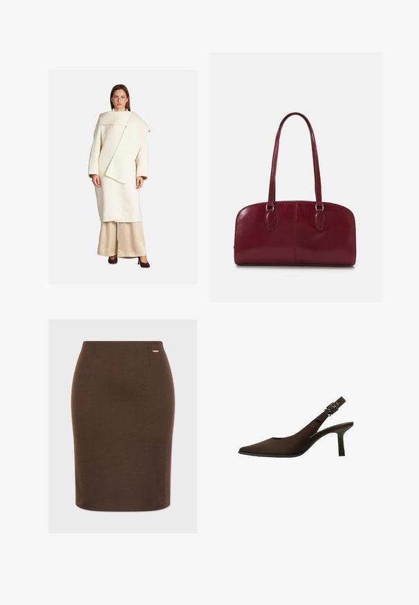 Manteau en laine blanche avec un design asymétrique, des manches larges et un grand col. Associé à un pantalon en satin beige et des talons foncés.; Bodysuit à manches longues en tissu marron foncé, avec un design drapé au dos, une texture lisse et une coupe thong au bas.; Jupe crayon marron en tissu extensible avec une texture lisse. Présente une silhouette ajustée et un petit logo métallique en accent sur la ceinture.; Escarpin slingback en daim marron avec un bout pointu, un design épuré, un talon fin et un accent de boucle sur la bride de cheville.; Zign LEATHER - Sac à main - dark red