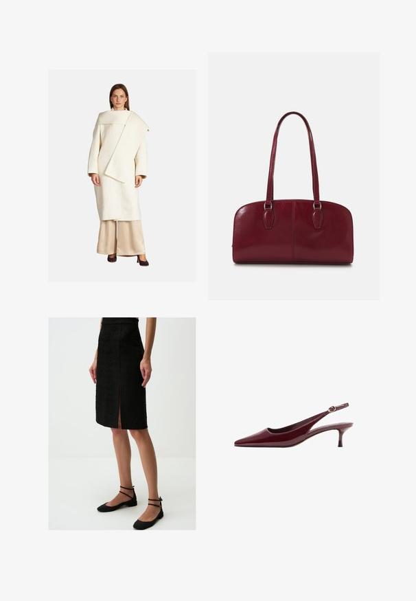 Cappotto di lana bianco con un design asimmetrico, maniche larghe e un grande colletto. Abbinato a pantaloni in satin beige e tacchi scuri.; Body a maniche lunghe in tessuto marrone scuro, con design drappeggiato sul retro, texture liscia e taglio a tanga alla base.; Gonna nera a matita in tessuto texturizzato, lunghezza al ginocchio, con spacco frontale, abbinata a scarpe nere basse con cinturini alla caviglia.; Tacchi slingback in pelle verniciata bordeaux con punta affilata e tacco sottile ed elegante, caratterizzati da un dettaglio di fibbia dorata sulla fascia.; Zign LEATHER - Borsa a mano - dark red