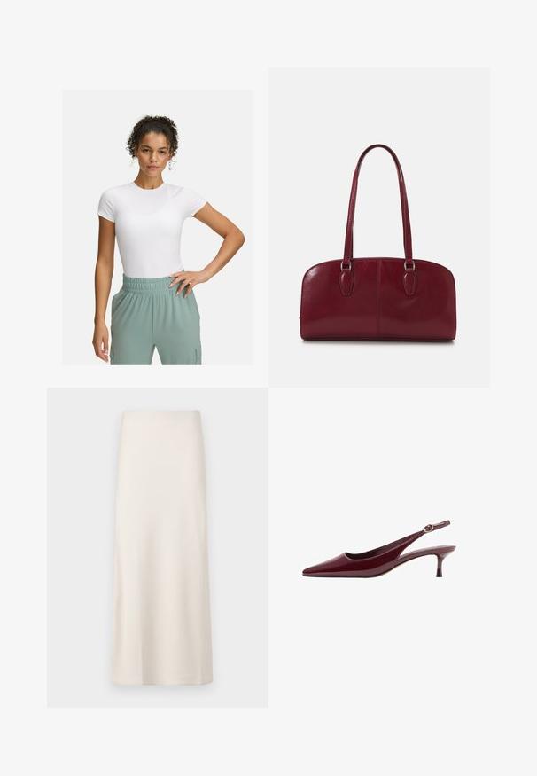 White wool coat with an asymmetric design, wide sleeves, and a large collar. Paired with beige satin pants and dark heels.; White fitted t-shirt with short sleeves, paired with light green elastic waistband pants. Smooth texture, minimalist design, and no visible patterns.; Cream-colored, midi-length skirt with a smooth, satin-like texture and a straight fit. No visible patterns or embellishments.; Burgundy patent leather slingback heel with a pointed toe and a thin, elegant heel, featuring a gold-tone buckle detail on the strap.; Zign LEATHER - Handbag - dark red