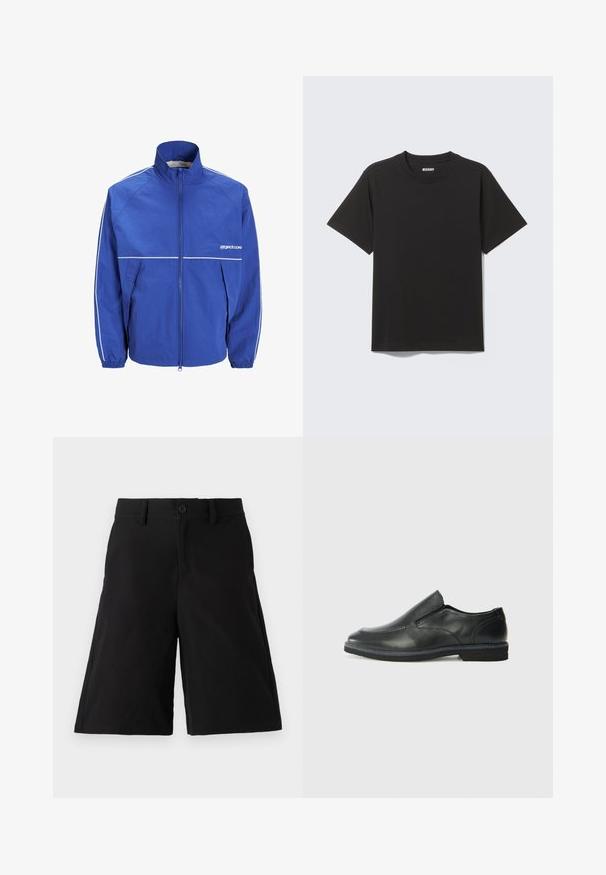 Modra vetrovka z visokim ovratnikom, sprednjim zadrgo, elastičnimi manšetami in belimi poudarki na rokavih in prsih. Lahka, teksturirana tkanina.; Črna kratka majica iz mehke bombažne tkanine, z okroglim izrezom in preprostim dizajnom brez vzorcev ali poudarkov.; Črne kratke hlače iz mešanice bombaža, z ravnim krojem, sprednjim gumbom, stranskimi žepi in gladko teksturo.; Črne usnjene natikače z gladkim zgornjim delom, prišitimi detajli, zaobljenim nosom in nizkim gumijastim petkom. Podplat ima minimalen profil.