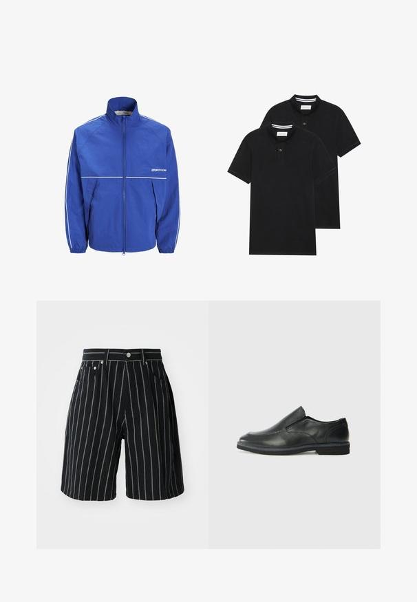 Plava vjetrovka s visokim ovratnikom, prednjim patentnim zatvaračem, elastičnim manžetama i bijelim detaljima na rukavima i prsima. Lagana, teksturirana tkanina.; Dva crna polo majice, kratki rukavi, pamučni materijal, sa klasičnom ovratnikom, čepom sa dva gumba i bijelim prugastim detaljima unutar ovratnika.; Crne prugaste šortsevi od pamuka, sa kontrastnim bijelim vertikalnim prugama, zatvaranjem na dugme i prednjim džepovima.; Crne kožne cipele na sklapanje s glatkom gornjom površinom, prošivenim detaljima, zaobljenim vrhom i niskim gumene potplate. Potplat ima minimalne uzorke.
