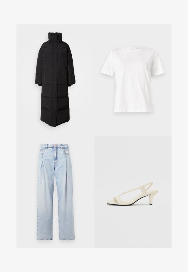 Dlouhý černý péřový kabát s vysokým límcem, širokými rukávy a vertikálními prošívanými částmi, s čistým uzavřeným předním designem.; Bílý bavlněný tričko s krátkým rukávem, kulatým výstřihem a volnějším střihem. Hladká textura, bez vzorů nebo akcentů, minimalistický design.; Světlé modré džíny z denimu s vysokým pasem, širokým střihem, dvěma bočními kapsami a nařaseným designem. Měkká textura s vybledlým povrchem.; Krémové sandály na bloku s tenkými popruhy a čtveratou špičkou. Hladký materiál s minimálními detaily, navržené pro snadné nošení.